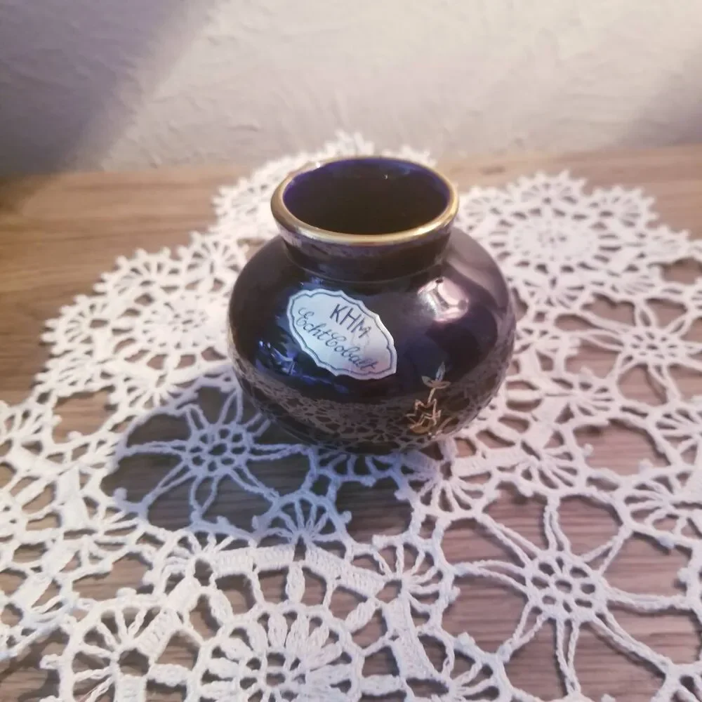 KHM Bavaria Echt Cobalt Vase With Gold Trim, Tiny Vase, Miniature Vase,